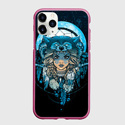 Чехол iPhone 11 Pro матовый Девушка-шаманка в шапке волка, цвет: 3D-малиновый
