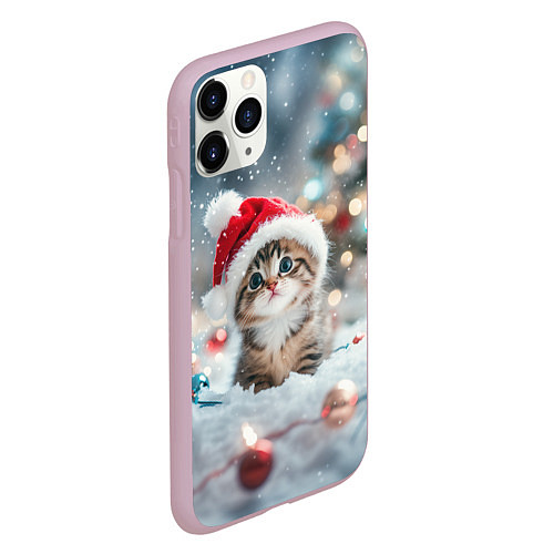 Чехол iPhone 11 Pro матовый Маленький котенок и елочные игрушки / 3D-Розовый – фото 2