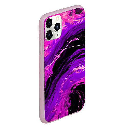 Чехол iPhone 11 Pro матовый Фиолетовые брызги на чёрном фоне / 3D-Розовый – фото 2