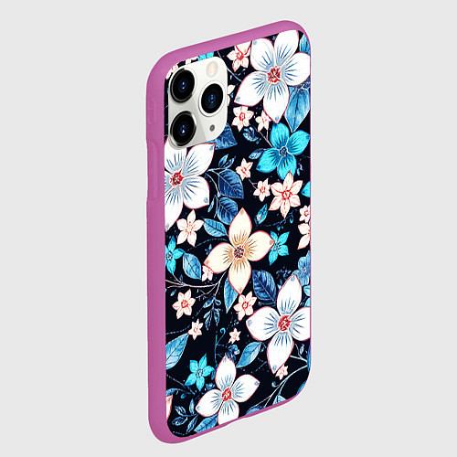 Чехол iPhone 11 Pro матовый Сине-белые цветы на чёрном фоне / 3D-Фиолетовый – фото 2