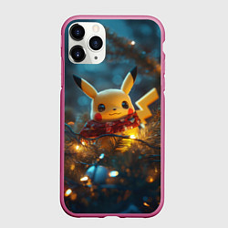 Чехол iPhone 11 Pro матовый Новогодний Пикачу на елке, цвет: 3D-малиновый