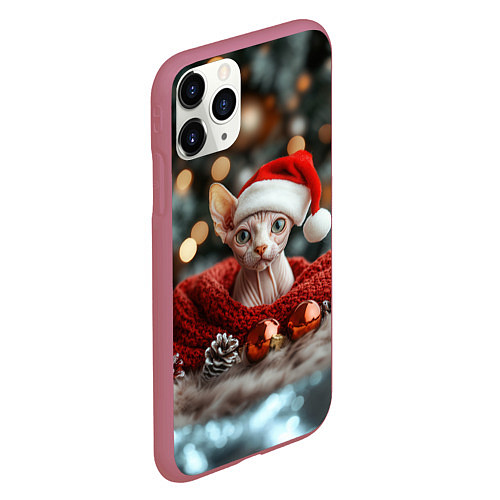 Чехол iPhone 11 Pro матовый Новогодний кот сфинкс / 3D-Малиновый – фото 2