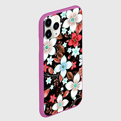 Чехол iPhone 11 Pro матовый Красно-белые цветы на чёрном фоне, цвет: 3D-фиолетовый — фото 2