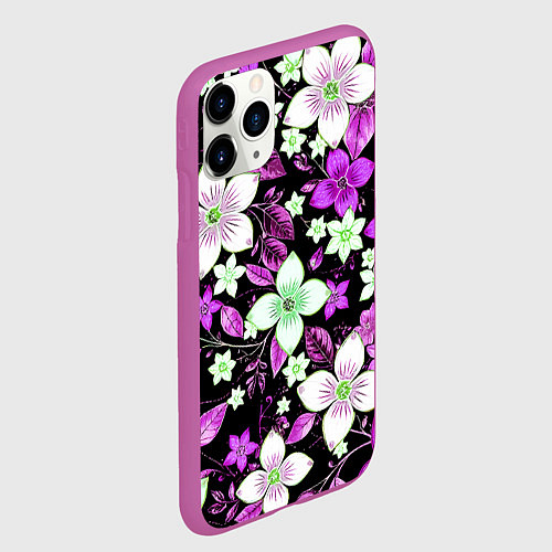 Чехол iPhone 11 Pro матовый Фиолетово-белые цветы на чёрном фоне / 3D-Фиолетовый – фото 2