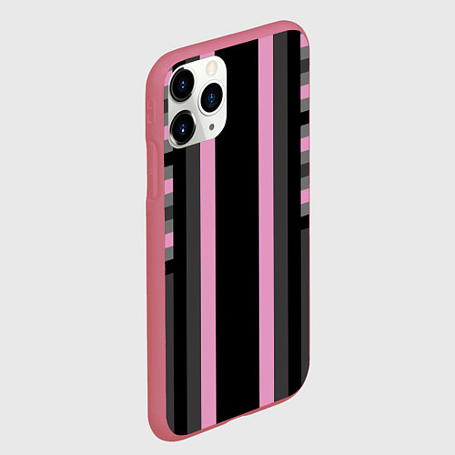 Чехол iPhone 11 Pro матовый Розово серый полосатый узор / 3D-Малиновый – фото 2