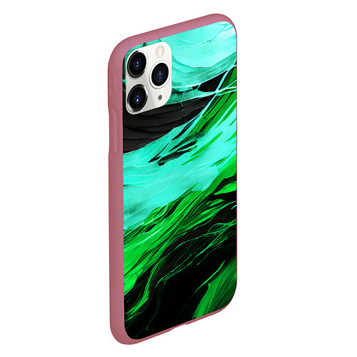 Чехол iPhone 11 Pro матовый Зелёные волны на чёрном фоне / 3D-Малиновый – фото 2