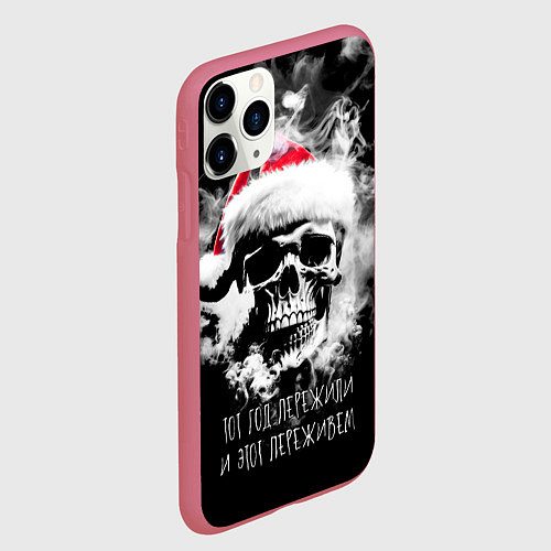 Чехол iPhone 11 Pro матовый Череп в шапке Санты в дыму / 3D-Малиновый – фото 2