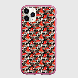 Чехол iPhone 11 Pro матовый Новогодние мухоморы колпаки, цвет: 3D-малиновый
