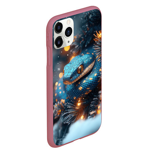 Чехол iPhone 11 Pro матовый Синяя змея с золотыми пятнами / 3D-Малиновый – фото 2