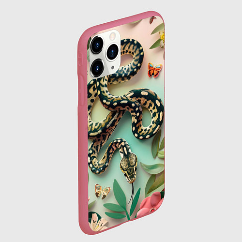 Чехол iPhone 11 Pro матовый Змея и бабочки / 3D-Малиновый – фото 2