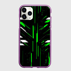 Чехол iPhone 11 Pro матовый Зелёно-белые полосы и точки на чёрном фоне, цвет: 3D-фиолетовый