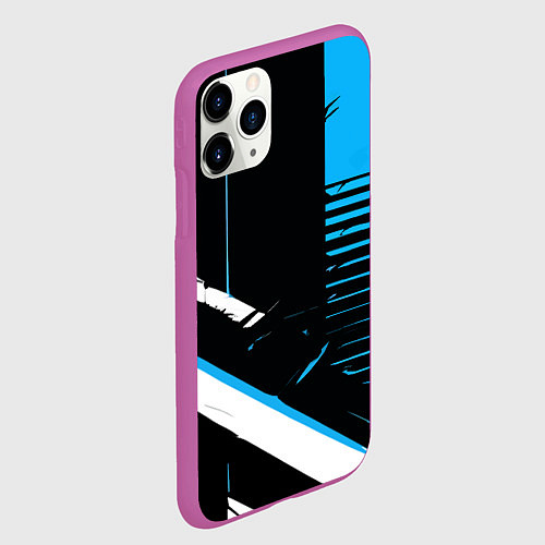 Чехол iPhone 11 Pro матовый Полосы на чёрном фоне сине-белые / 3D-Фиолетовый – фото 2