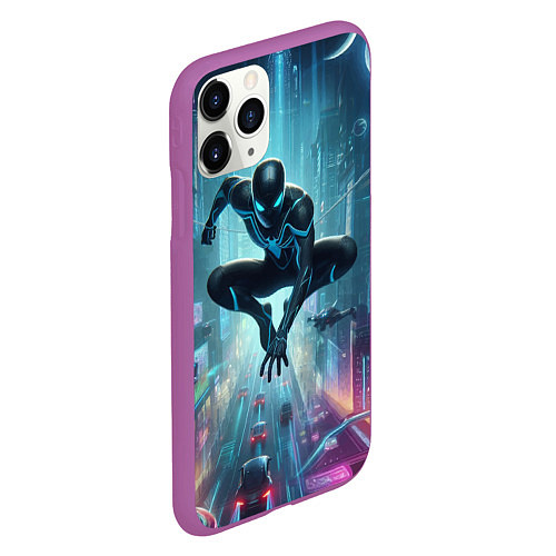 Чехол iPhone 11 Pro матовый Spider-man in the neon metropolis / 3D-Фиолетовый – фото 2