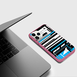 Чехол iPhone 11 Pro матовый Сине-белые технологические линии на чёрном фоне, цвет: 3D-малиновый — фото 2