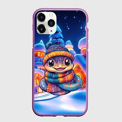 Чехол iPhone 11 Pro матовый Новогодняя змейка и неоновые домики, цвет: 3D-фиолетовый