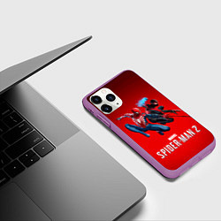 Чехол iPhone 11 Pro матовый Два паука Marvel spider man 2, цвет: 3D-фиолетовый — фото 2