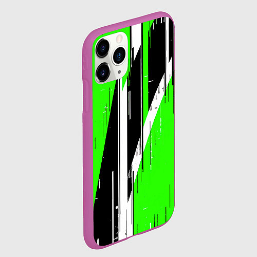 Чехол iPhone 11 Pro матовый Чёрно-белые вертикальные полосы на зелёном фоне / 3D-Фиолетовый – фото 2