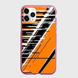 Чехол iPhone 11 Pro матовый Чёрно-белые глитч полосы на оранжевом фоне, цвет: 3D-малиновый