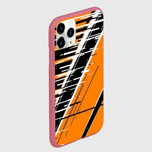 Чехол iPhone 11 Pro матовый Чёрно-белые глитч полосы на оранжевом фоне / 3D-Малиновый – фото 2
