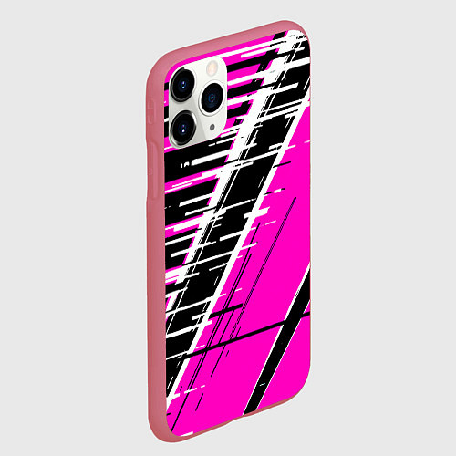 Чехол iPhone 11 Pro матовый Чёрно-белые глитч полосы на розовом фоне / 3D-Малиновый – фото 2