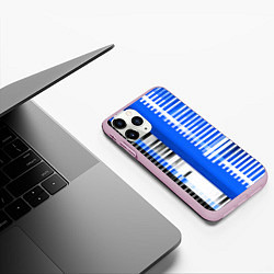 Чехол iPhone 11 Pro матовый White stripes on a black and blue background, цвет: 3D-розовый — фото 2