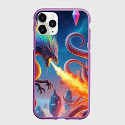 Чехол iPhone 11 Pro матовый Огнедышащий дракон против осьминога - нейроарт фан, цвет: 3D-фиолетовый