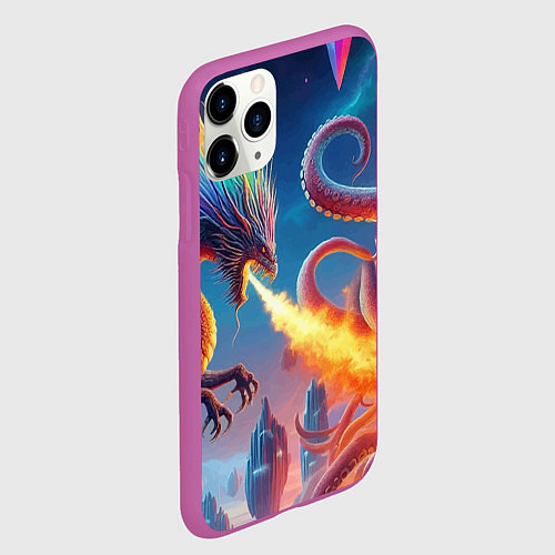 Чехол iPhone 11 Pro матовый Огнедышащий дракон против осьминога - нейроарт фан / 3D-Фиолетовый – фото 2