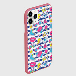 Чехол iPhone 11 Pro матовый Полосатый паттерн с яркими молодежными стикерами, цвет: 3D-малиновый — фото 2