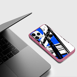 Чехол iPhone 11 Pro матовый Чёрно-белые абстрактные линии на синем фоне, цвет: 3D-малиновый — фото 2
