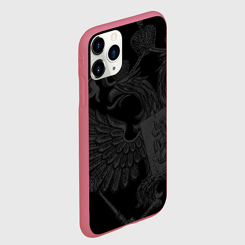 Чехол iPhone 11 Pro матовый Герб России - черный минимализм / 3D-Малиновый – фото 2