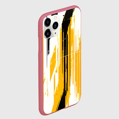 Чехол iPhone 11 Pro матовый Вертикальные чёрно-белые линии на жёлтом фоне / 3D-Малиновый – фото 2