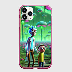 Чехол iPhone 11 Pro матовый Рик и Морти в фантастическом неоновом грибном лесу, цвет: 3D-малиновый