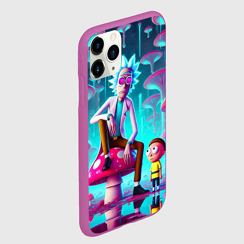 Чехол iPhone 11 Pro матовый Рик и Морти у сказочного озера среди грибов / 3D-Фиолетовый – фото 2