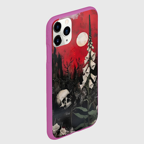Чехол iPhone 11 Pro матовый Череп с цветами на фоне замка - нейросеть / 3D-Фиолетовый – фото 2
