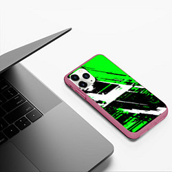 Чехол iPhone 11 Pro матовый Diagonal black and white stripes on a green backgr, цвет: 3D-малиновый — фото 2