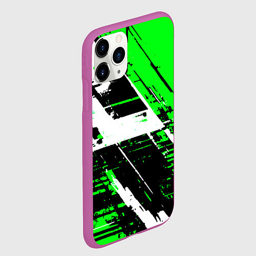 Чехол iPhone 11 Pro матовый Diagonal black and white stripes on a green backgr / 3D-Фиолетовый – фото 2