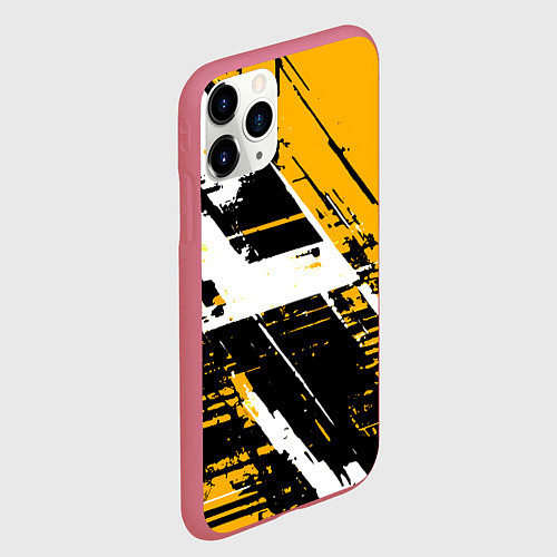 Чехол iPhone 11 Pro матовый Diagonal black and white stripes on a yellow backg / 3D-Малиновый – фото 2