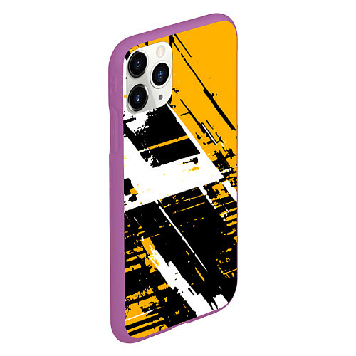 Чехол iPhone 11 Pro матовый Diagonal black and white stripes on a yellow backg / 3D-Фиолетовый – фото 2