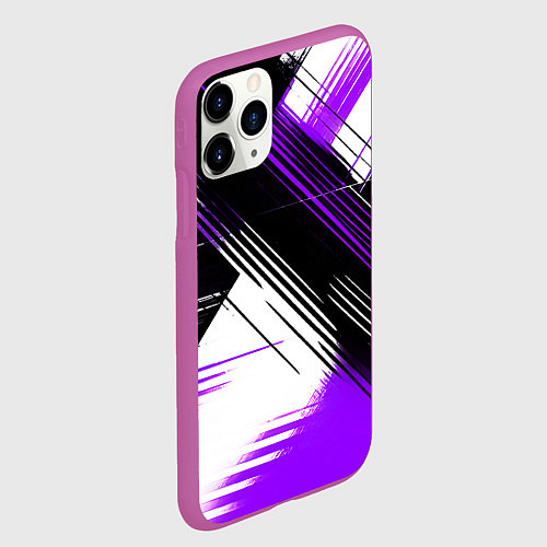 Чехол iPhone 11 Pro матовый Диагональные фиолетово-чёрные линии на белом фоне / 3D-Фиолетовый – фото 2