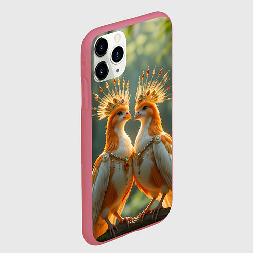 Чехол iPhone 11 Pro матовый Влюбленные птички с коронами / 3D-Малиновый – фото 2