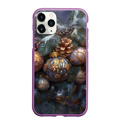 Чехол iPhone 11 Pro матовый Новогодние круглые игрушки, цвет: 3D-фиолетовый