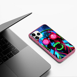 Чехол iPhone 11 Pro матовый Metallica - neon skull with headphones, цвет: 3D-малиновый — фото 2