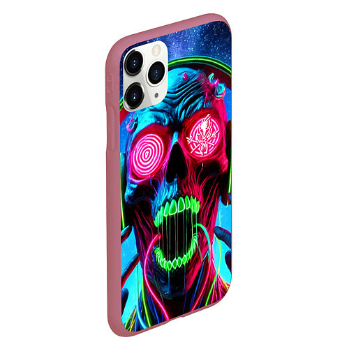 Чехол iPhone 11 Pro матовый Metallica - neon skull with headphones / 3D-Малиновый – фото 2