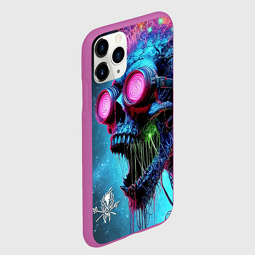 Чехол iPhone 11 Pro матовый Metallica - crazy skeleton with headphones / 3D-Фиолетовый – фото 2