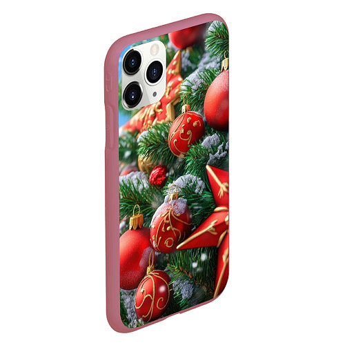 Чехол iPhone 11 Pro матовый Красные шары и звезда новогодняя / 3D-Малиновый – фото 2