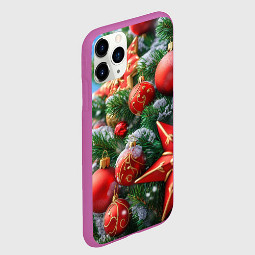 Чехол iPhone 11 Pro матовый Красные шары и звезда новогодняя / 3D-Фиолетовый – фото 2
