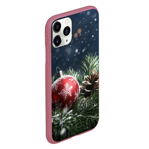 Чехол iPhone 11 Pro матовый Новогодний шар и шишка / 3D-Малиновый – фото 2