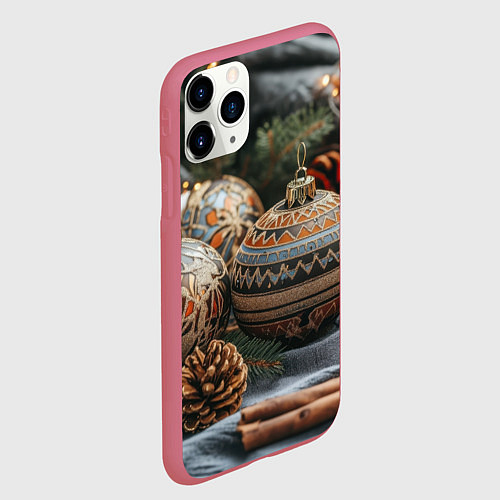 Чехол iPhone 11 Pro матовый Новогодние шары и шишки / 3D-Малиновый – фото 2