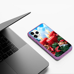 Чехол iPhone 11 Pro матовый Рождество - свечи и шишки, цвет: 3D-фиолетовый — фото 2