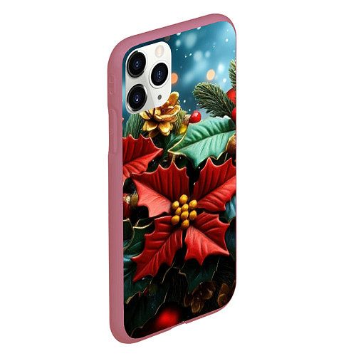 Чехол iPhone 11 Pro матовый Новогодние цветы и шишки / 3D-Малиновый – фото 2